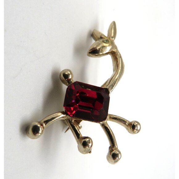 Vintage Reindeer Brooch Gold Red Rhinestone Body Holiday Christmas - Picture 3 of 9